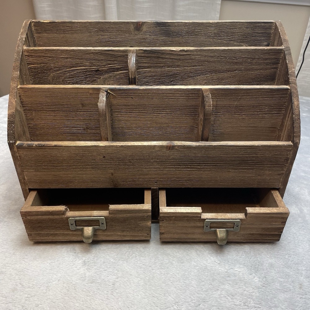 Rustic Farmhouse Wooden Desktop Organizer Caddy Dark Brown Drawers Dividers